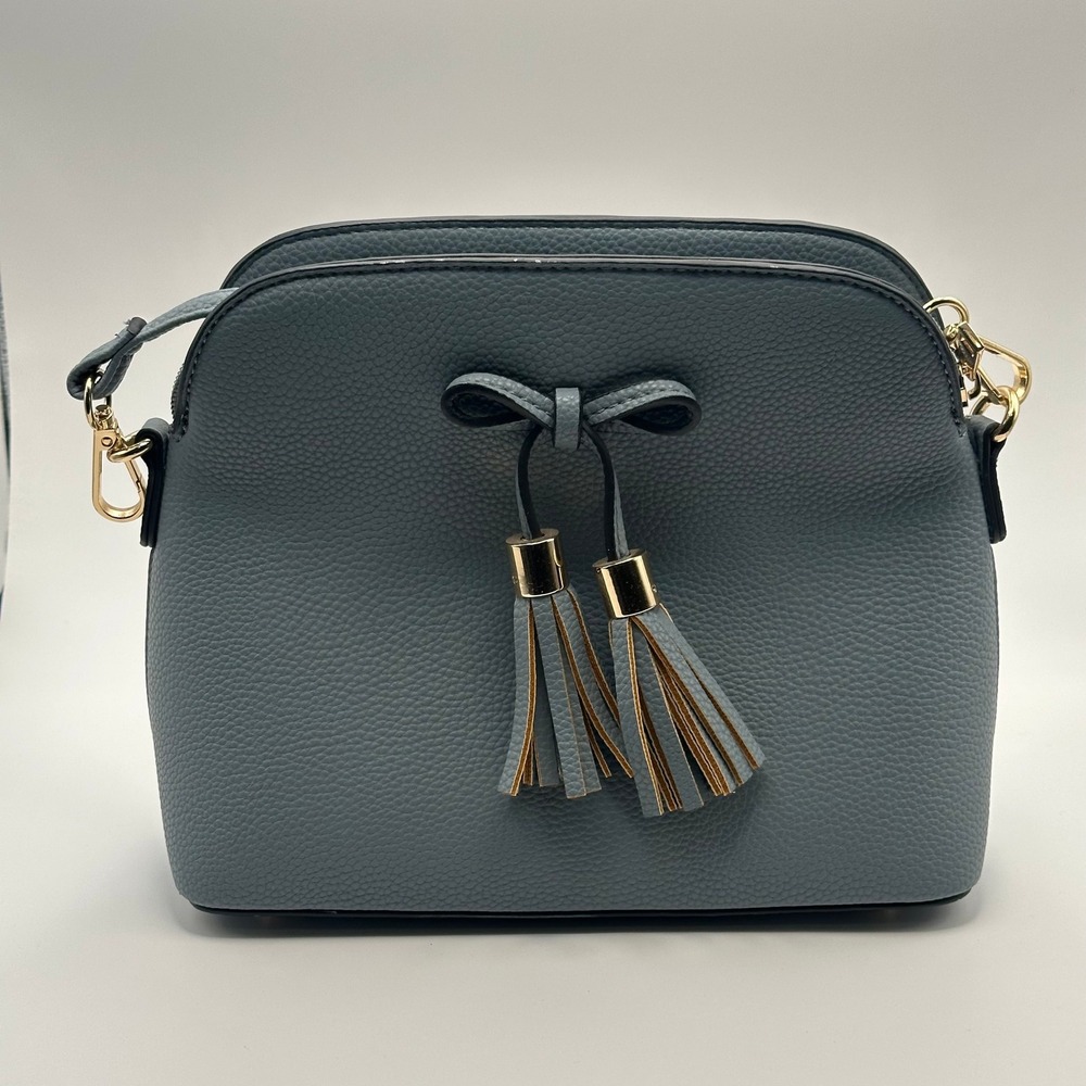 Crossbody Bag Women Small Blue Pebbled Faux Leather Bow Tassel Gold
